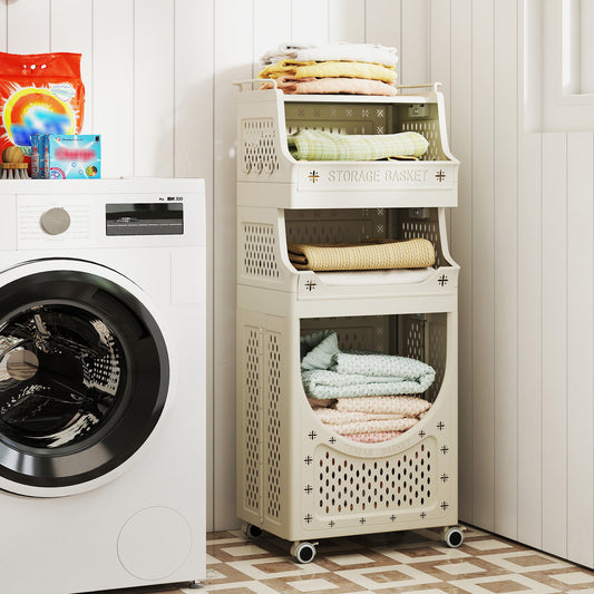 4-Tier Laundry Cart Folding Hamper with Lockable Wheels, Beige Laundry Baskets Beige at Gallery Canada
