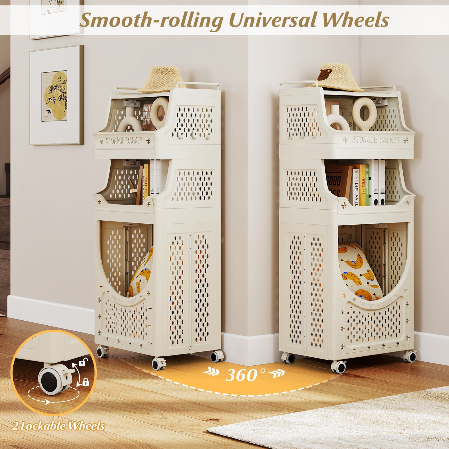 4-Tier Laundry Cart Folding Hamper with Lockable Wheels, Beige Laundry Baskets at Gallery Canada