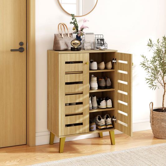 4-Tier Wooden Shoe Cabinet With Doors, Removable Shelves, Oak Shoe Racks & Storage Benches Oak at Gallery Canada