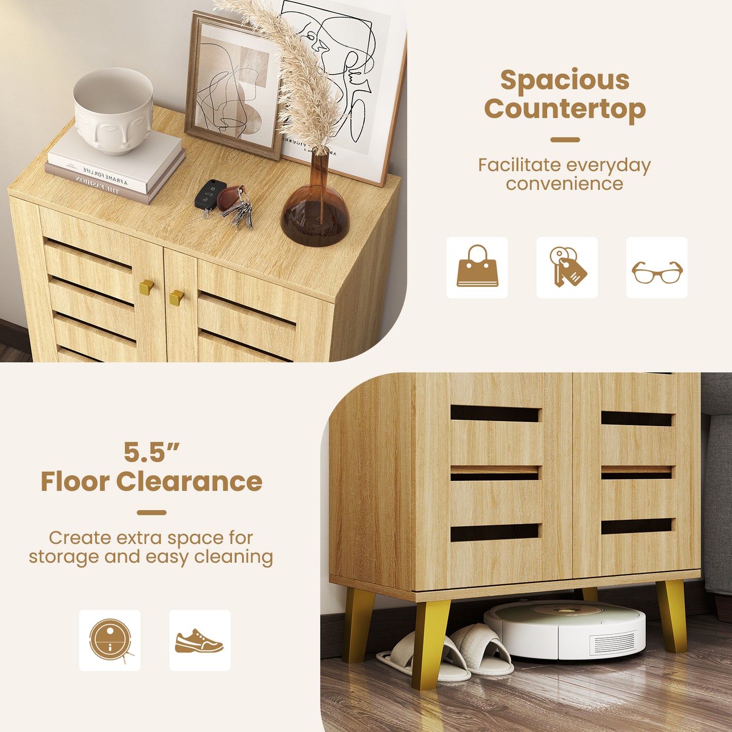 4-Tier Wooden Shoe Cabinet With Doors, Removable Shelves, Oak Shoe Racks & Storage Benches at Gallery Canada