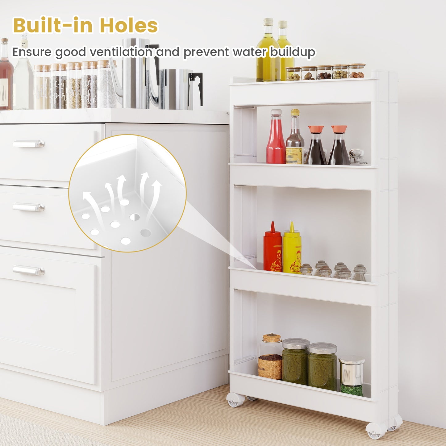 4-Tier Multifunctional Slim Storage Trolley with Detachable Trays, White Kitchen Islands & Carts at Gallery Canada
