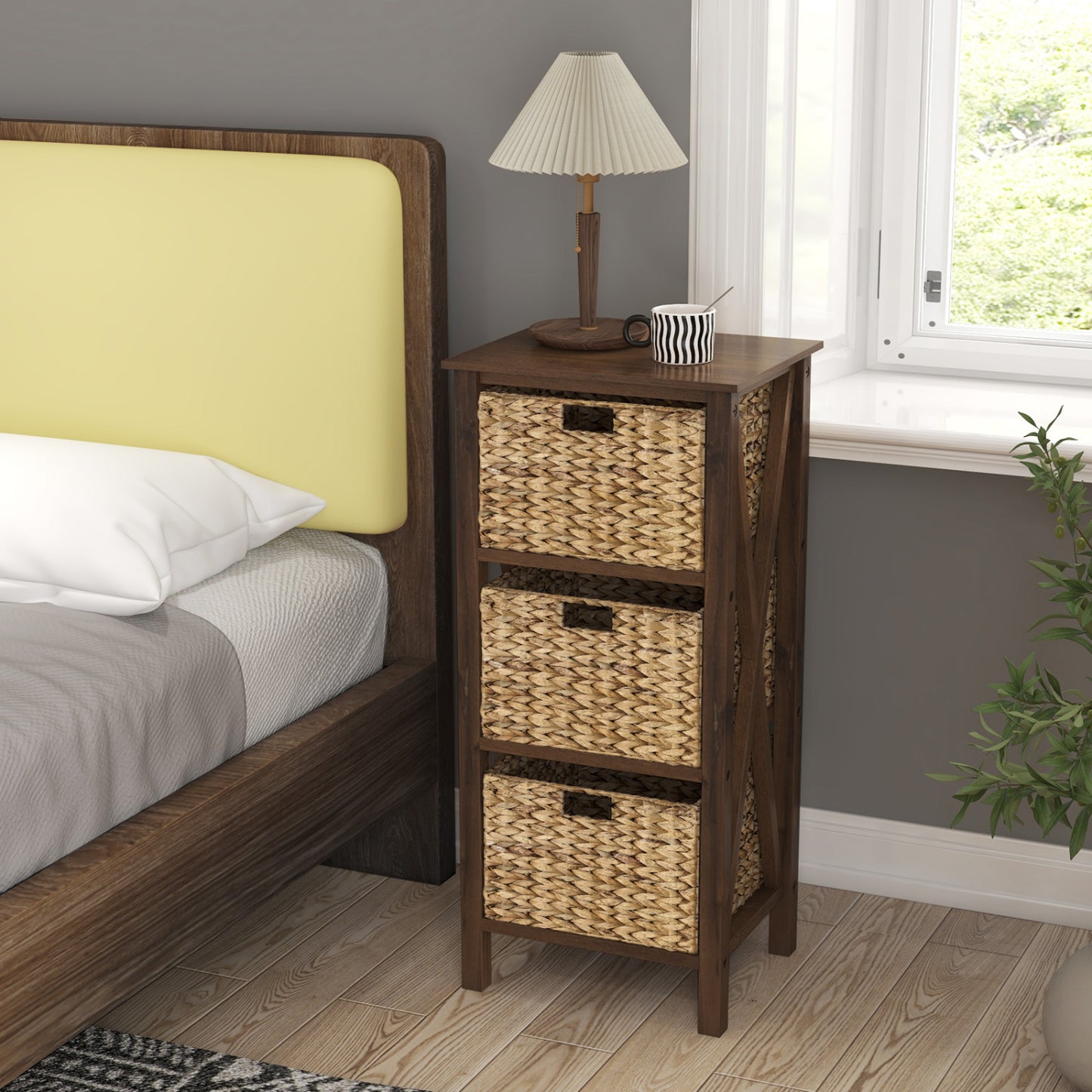 3-Tier Nightstand With 3 Seagrass Baskets, Narrow X-Design, Walnut Nightstands at Gallery Canada