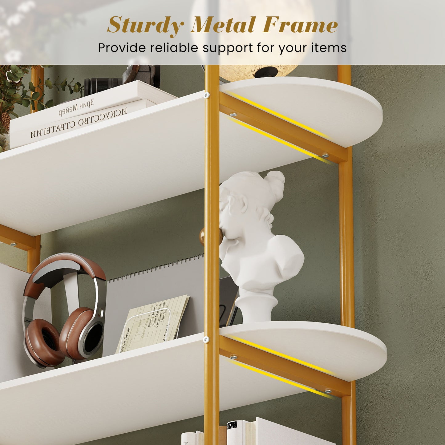 4-Tier Open Bookcase with Sturdy Metal Frame for Living Room-WH, White & Golden Bookcases at Gallery Canada