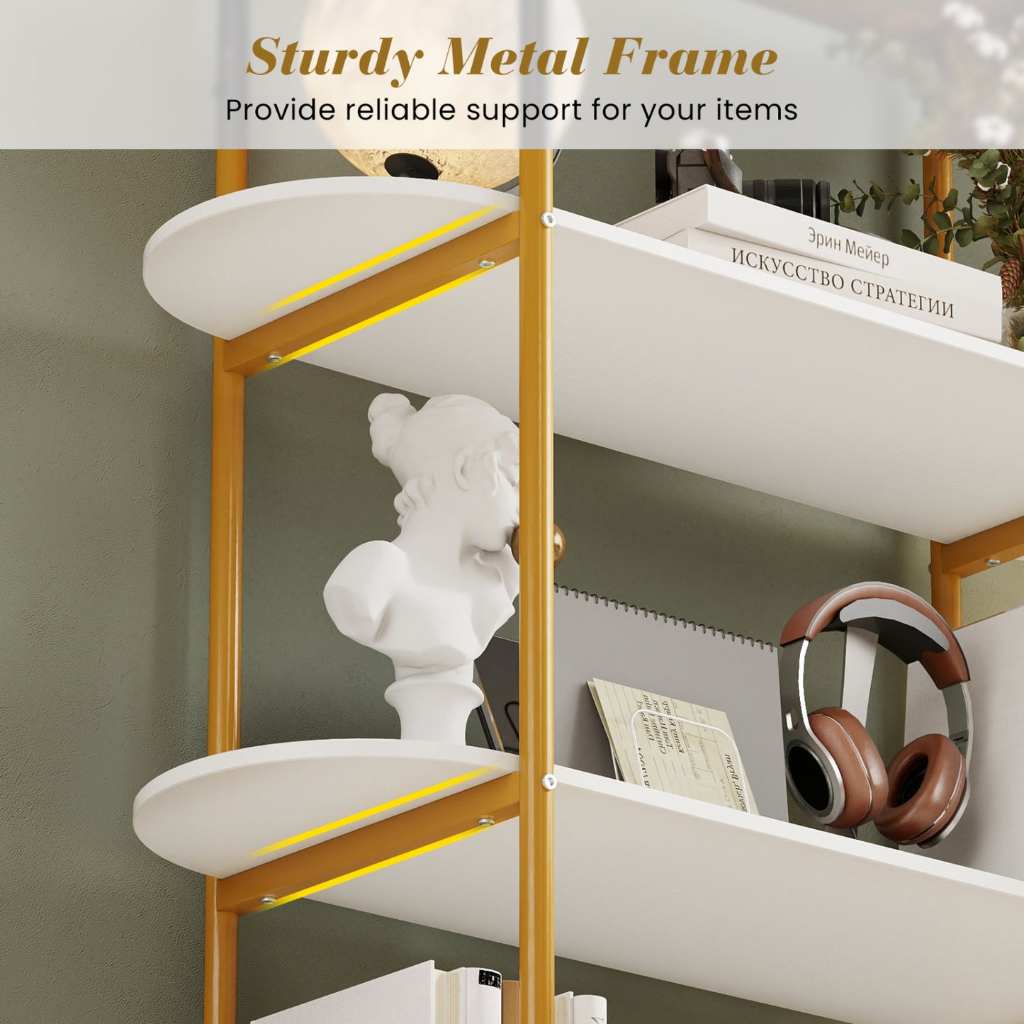 4-Tier Open Bookcase with Sturdy Metal Frame for Living Room-WH, White & Golden Bookcases at Gallery Canada