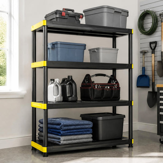 4-Tier Plastic Storage Shelf, Heavy-Duty Utility Rack, Black Sheds & Outdoor Storage Black at Gallery Canada