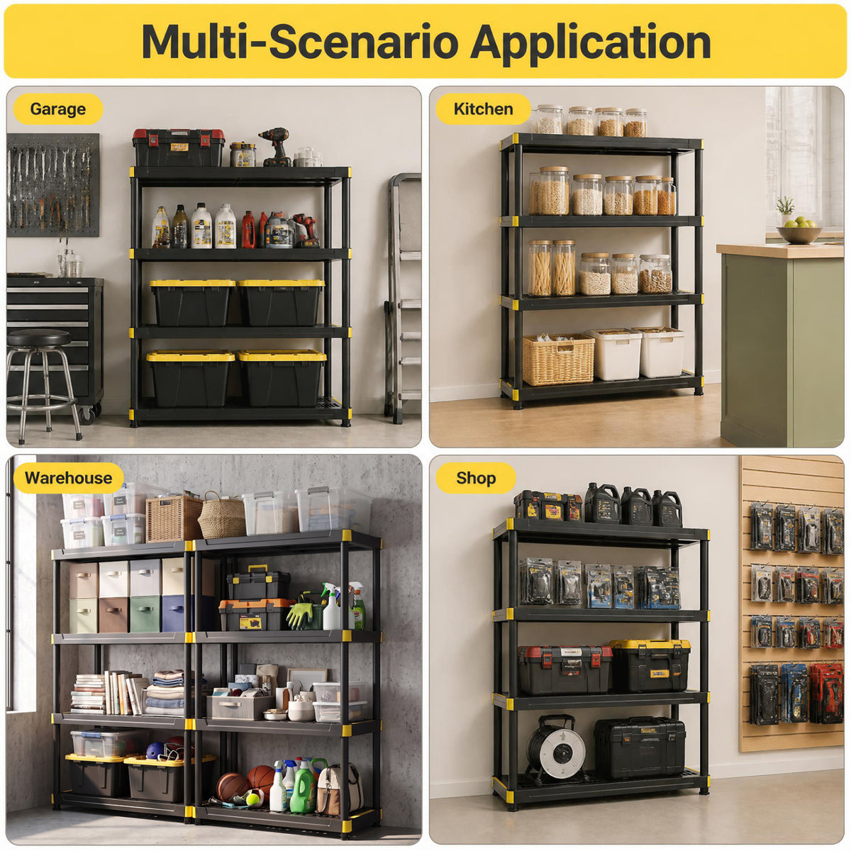 4-Tier Plastic Storage Shelf Heavy-Duty Utility Rack Set of 2, Black