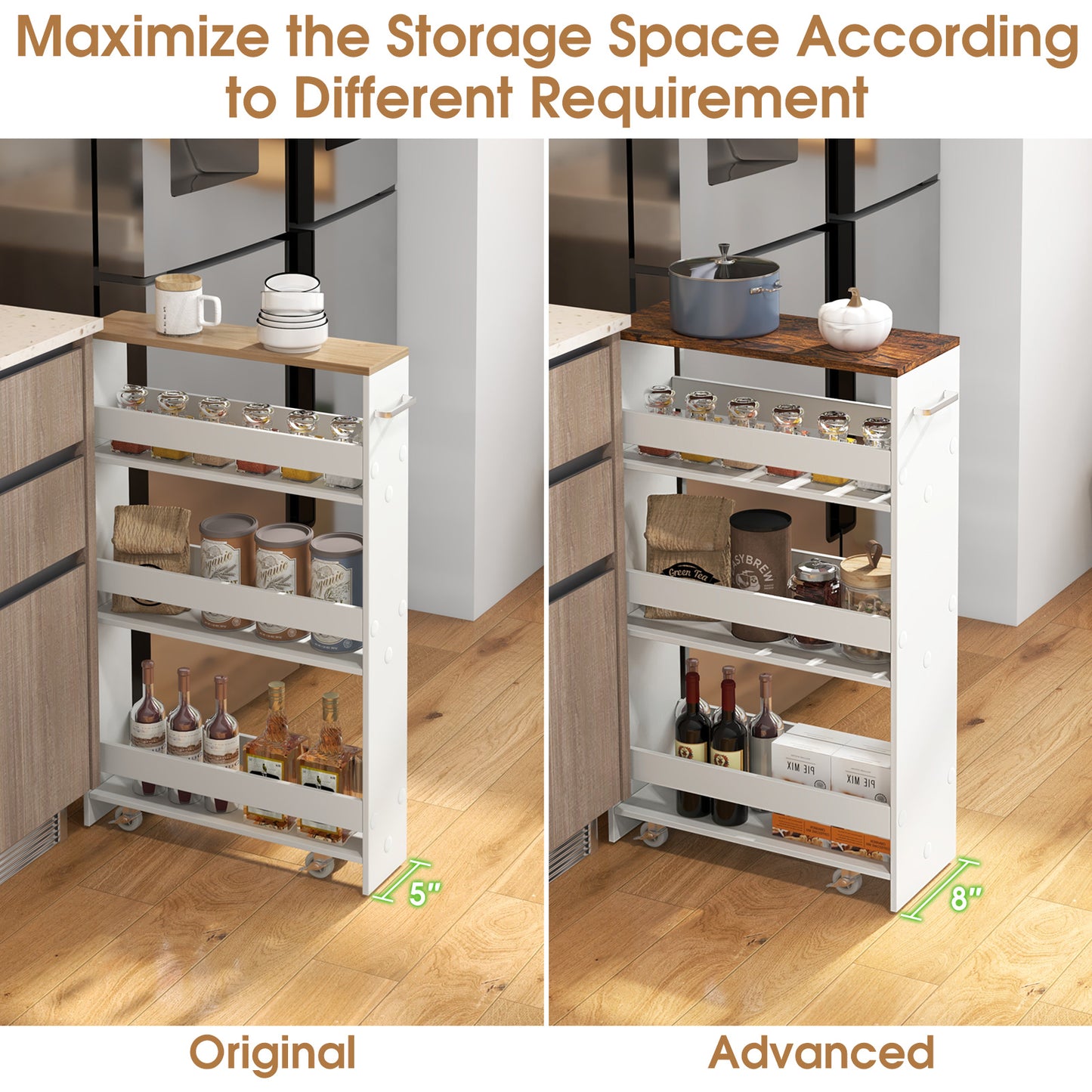 4-Tier Rolling Storage Cart Slim Kitchen Cart on Wheels with Open Shelves and Handle, Rustic Brown Kitchen Islands & Carts at Gallery Canada
