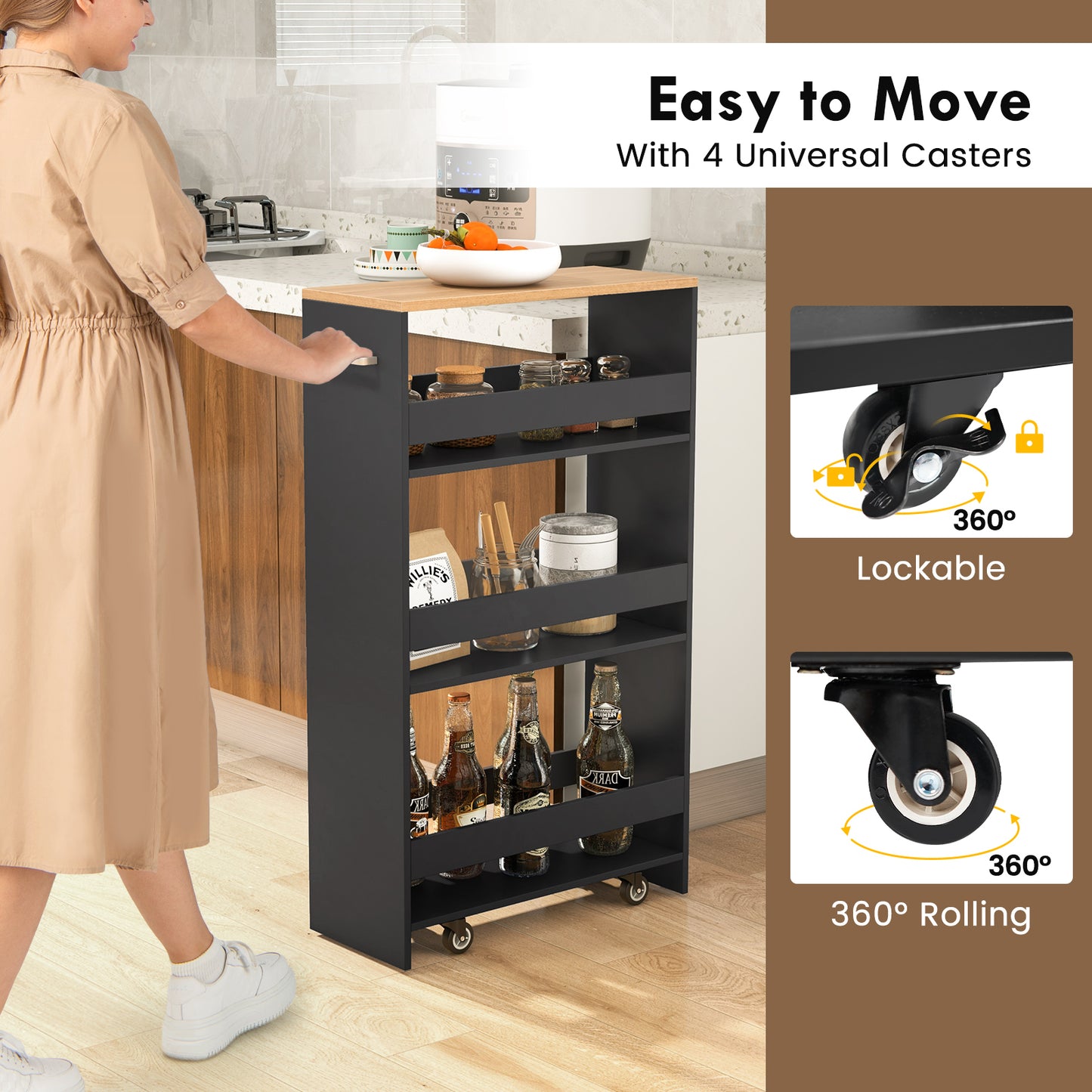 4-Tier Rolling Storage Cart, Slim Kitchen Cart On Wheels, Black Kitchen Islands & Carts at Gallery Canada