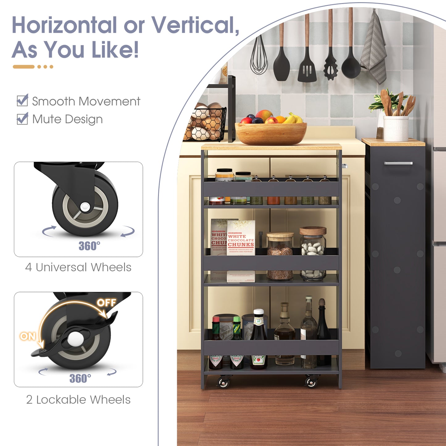 4-Tier Rolling Storage Cart, Slim Kitchen Cart With Wheels, Gray Kitchen Islands & Carts at Gallery Canada