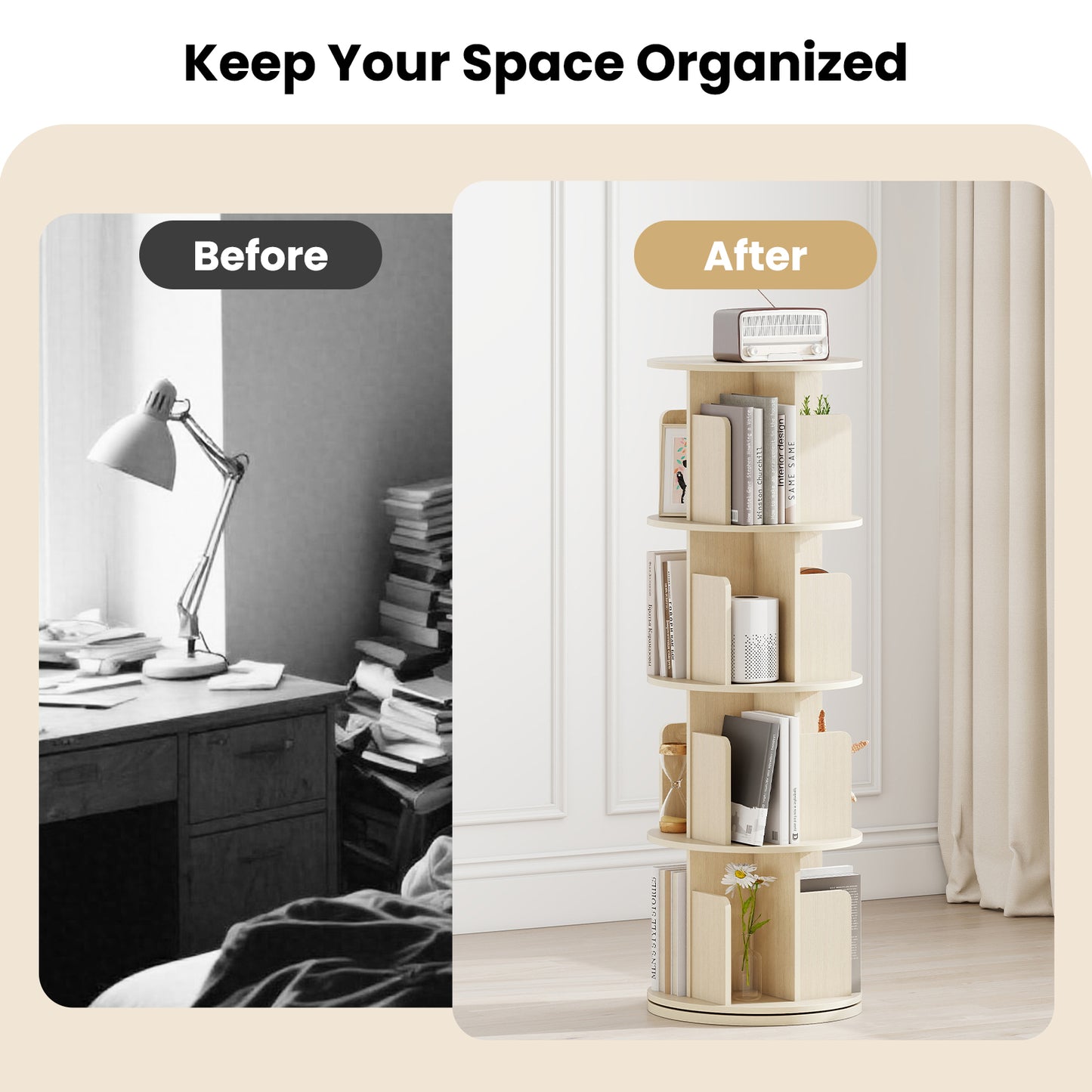 4-Tier Rotating Bookshelf With Dividers, Natural Bookcases at Gallery Canada
