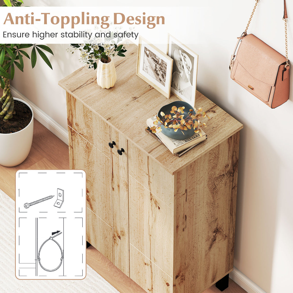 4-Tier Shoe Organizer with Removable Shelves and 2 Doors, Natural Cabinets & Chests at Gallery Canada