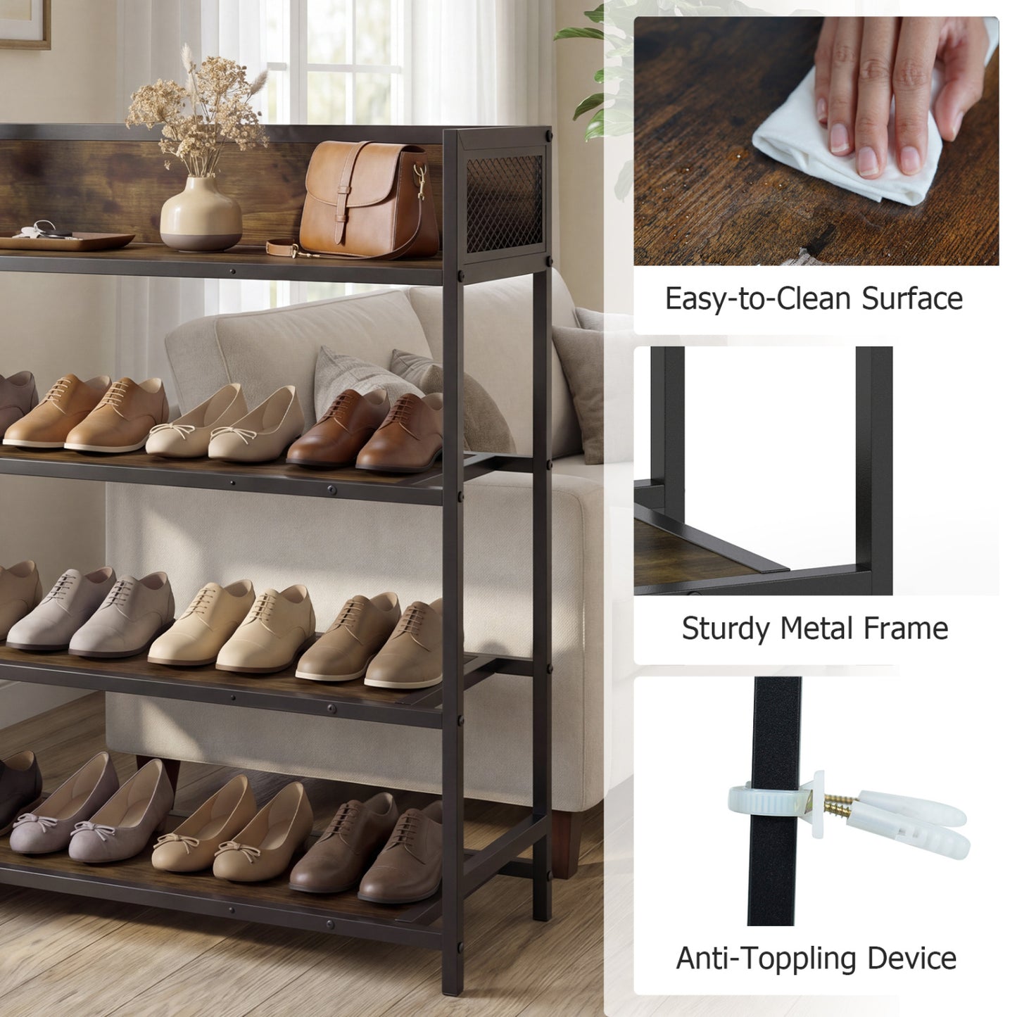 4-Tier Shoe Rack, Industrial Metal Frame, Rustic Brown Shoe Racks & Storage Benches at Gallery Canada