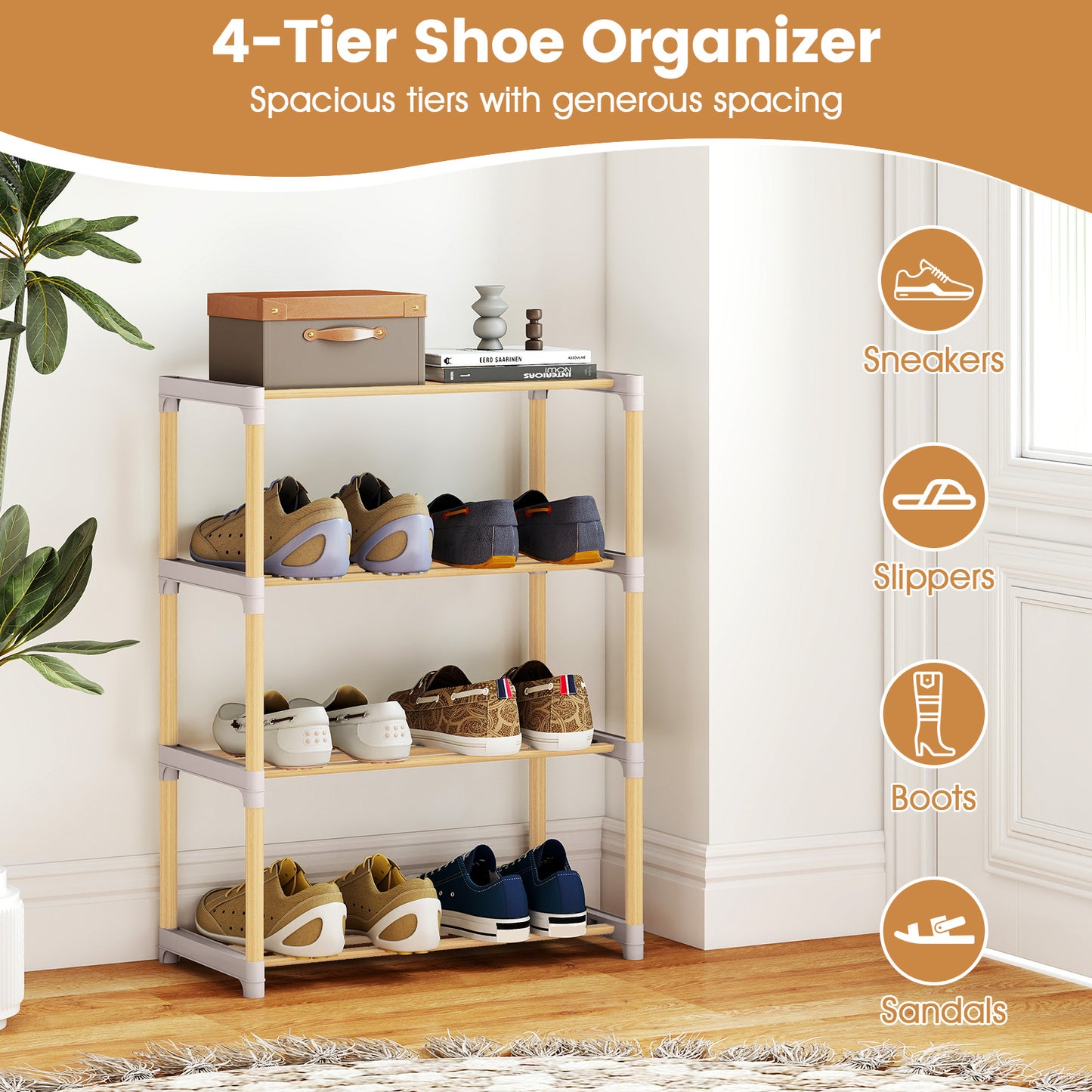 4-Tier Solid Wood Shoe Rack, Slatted Open Shelves, Gray Shoe Racks & Storage Benches at Gallery Canada