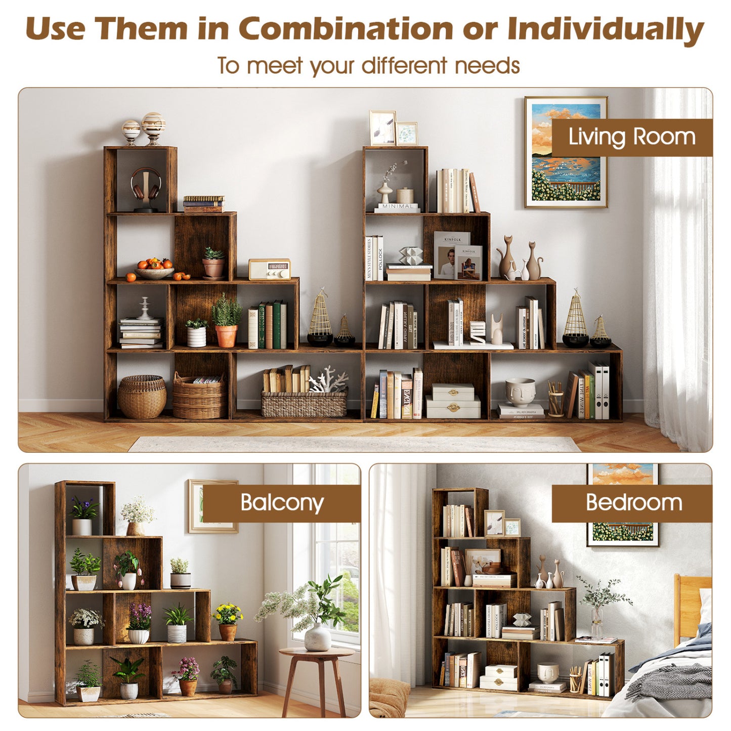 4-Tier Ladder Bookshelf with 6 Cubes, Rustic Brown Bookcases at Gallery Canada