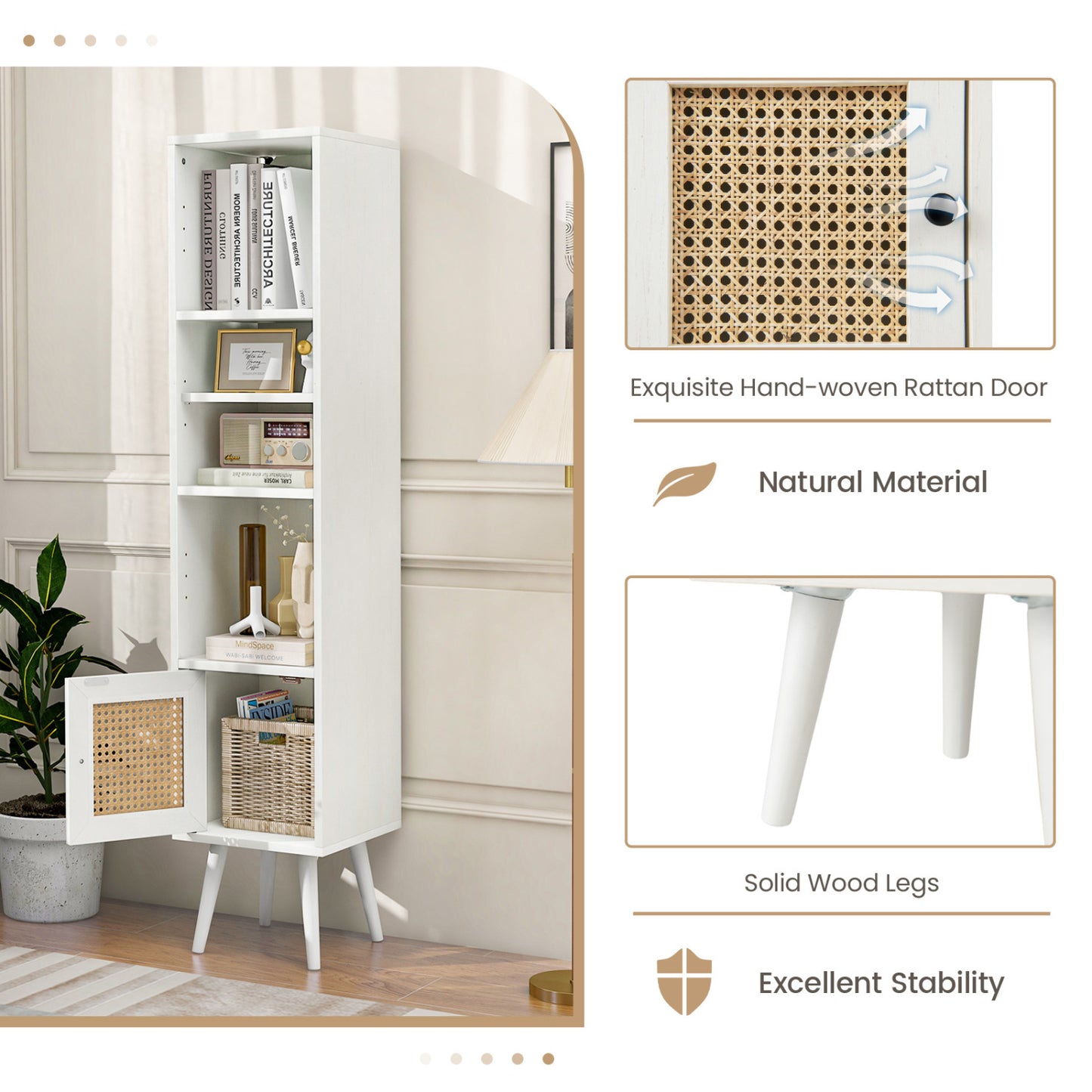4-Tier Rattan Storage Cabinet, Slim Design, White Cabinets & Chests at Gallery Canada