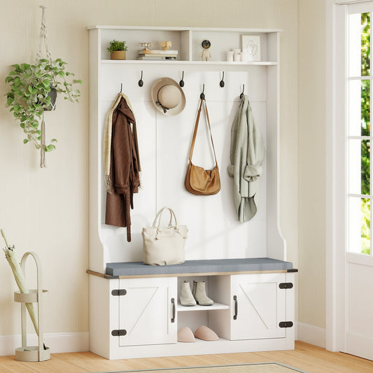 4-in-1 68.5 Inch Tall Coat Rack with Cushioned Bench and Shoe Storage, White Coat Racks & Hall Trees White at Gallery Canada