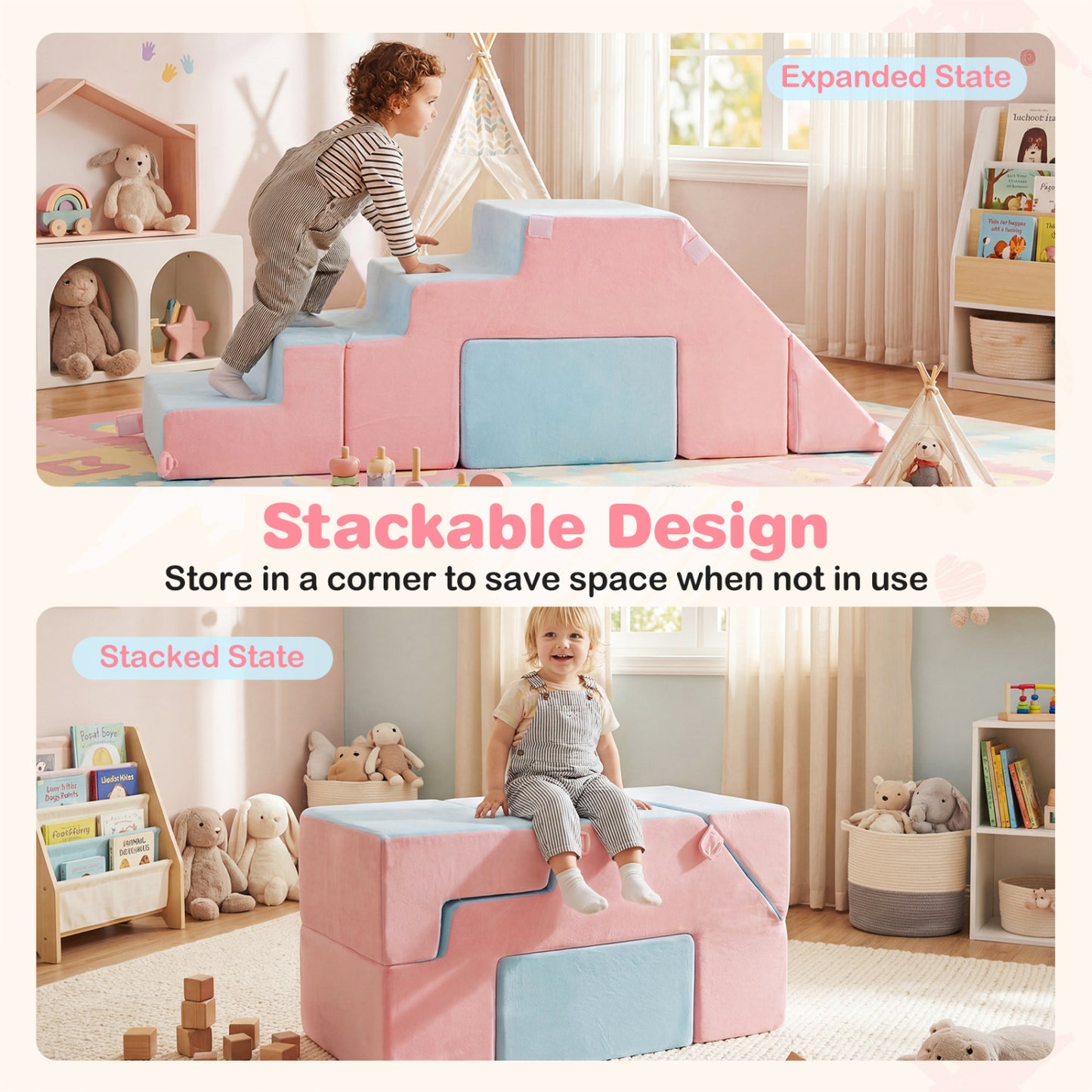 4-in-1 Foam Climbing Blocks Toddler Indoor Climb with Slide, Pink
