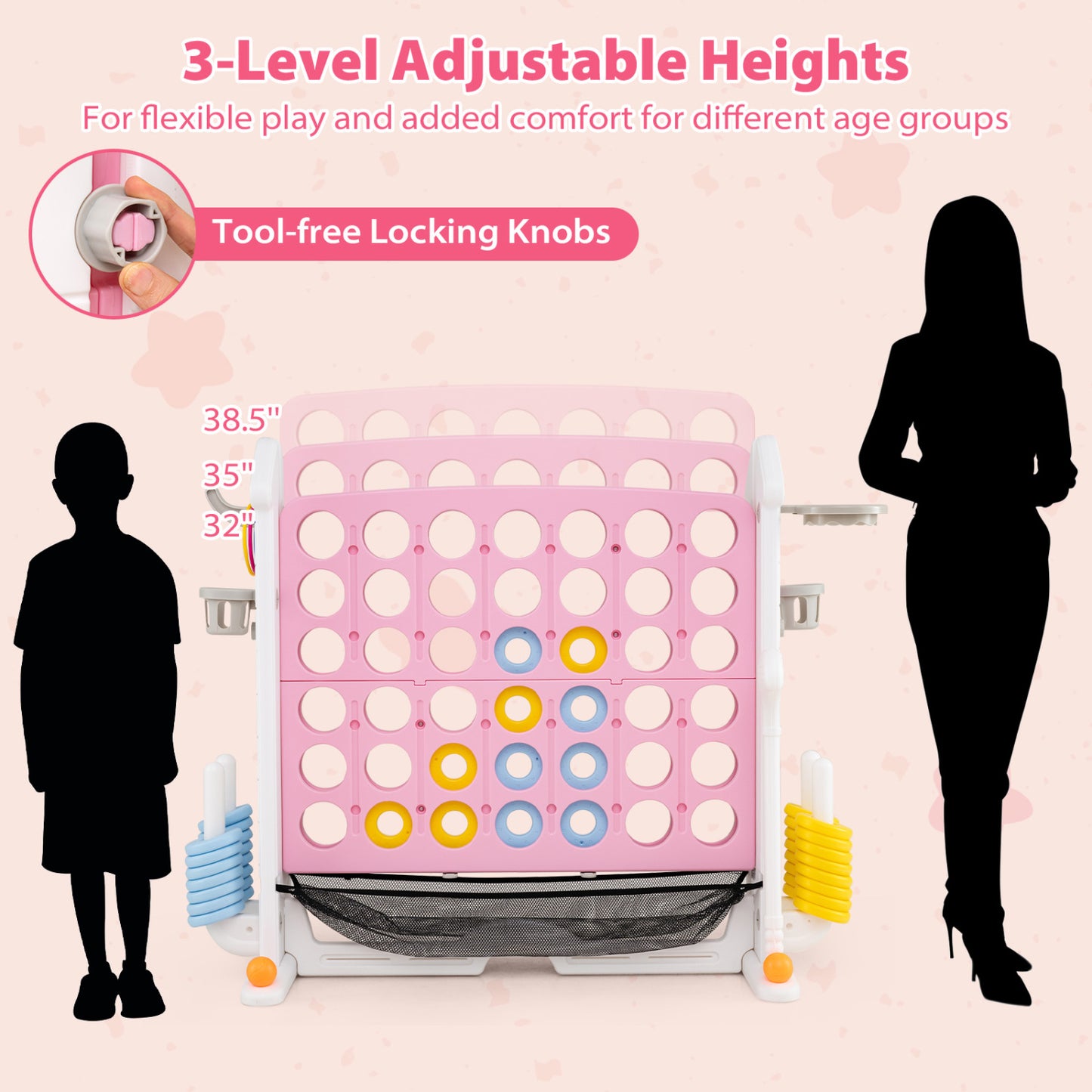 4-in-1 Adjustable Row Connect Game with Mesh Net, Pink