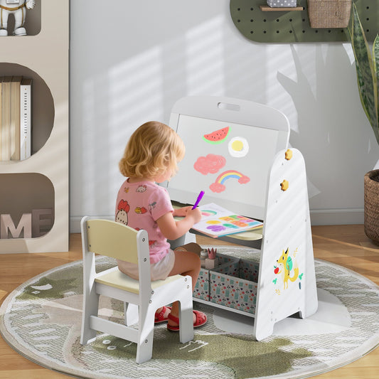 4-in-1 Kids Table and Chair Set Art Easel with Magnetic Whiteboard and Bookshelf, Natural Kids Table & Chair Sets Natural at Gallery Canada