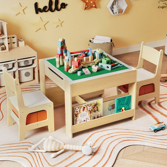 4 in 1 Kids Table and Chair Set with Reversible Graffiti and Building Blocks Tabletop, Natural & White Kids Table & Chair Sets Natural & White at Gallery Canada