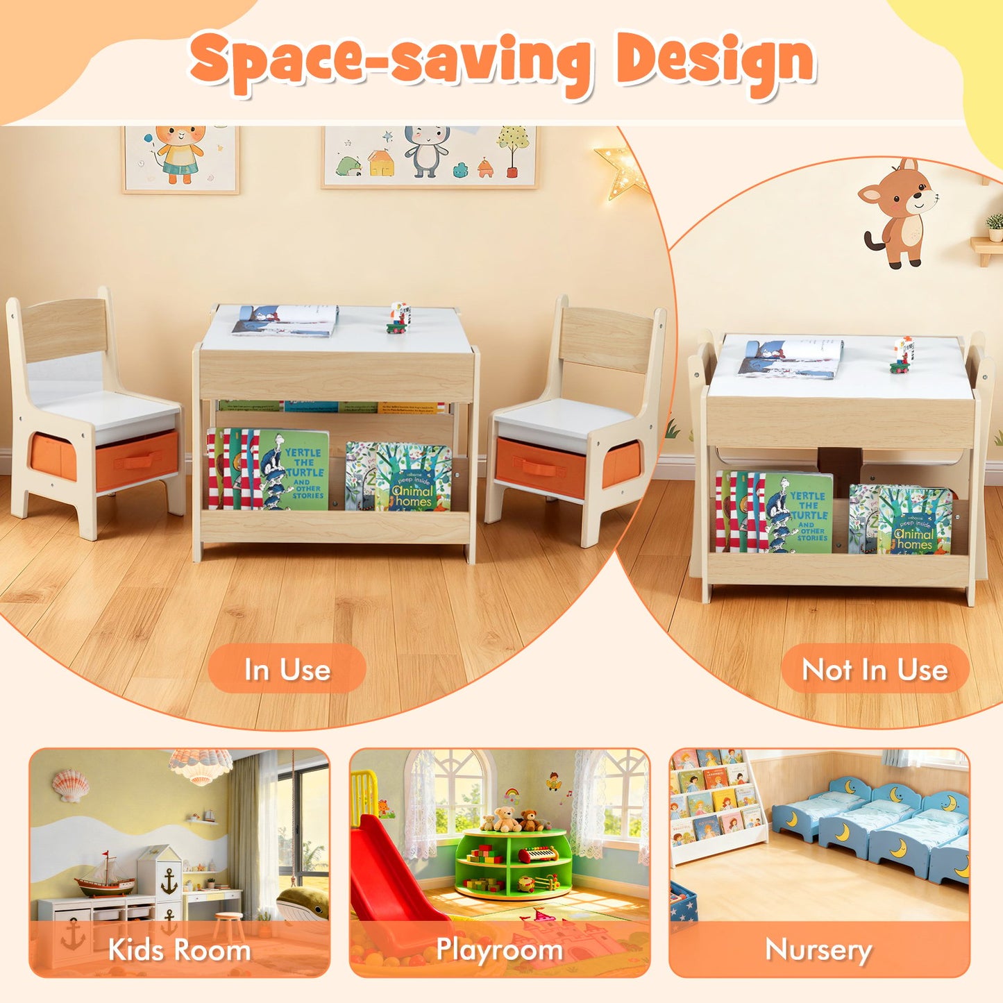 4 in 1 Kids Table and Chair Set with Reversible Graffiti and Building Blocks Tabletop, Natural & White Kids Table & Chair Sets at Gallery Canada