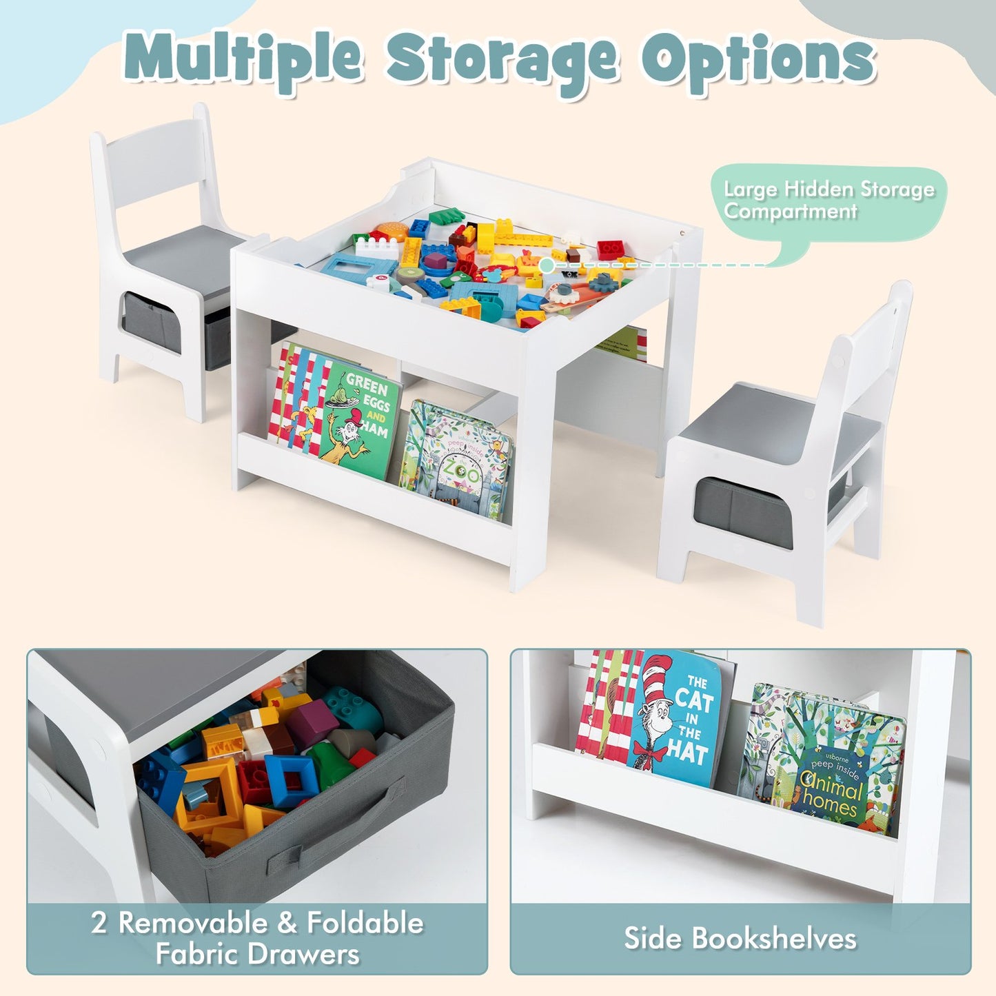4 in 1 Kids Table and Chair Set with Reversible Graffiti and Building Blocks Tabletop, Gray & White Kids Table & Chair Sets at Gallery Canada