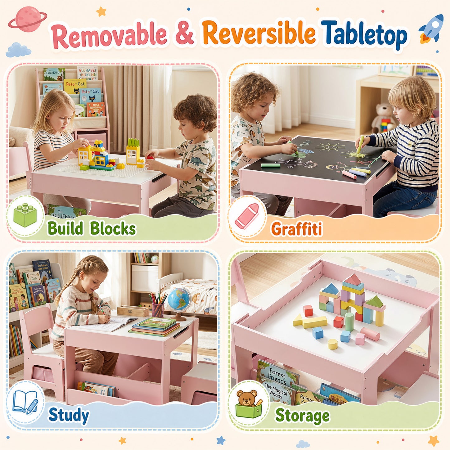 Ensemble table et chaises pour enfants 4-en-1, blocs de construction, bibliothèque, rose