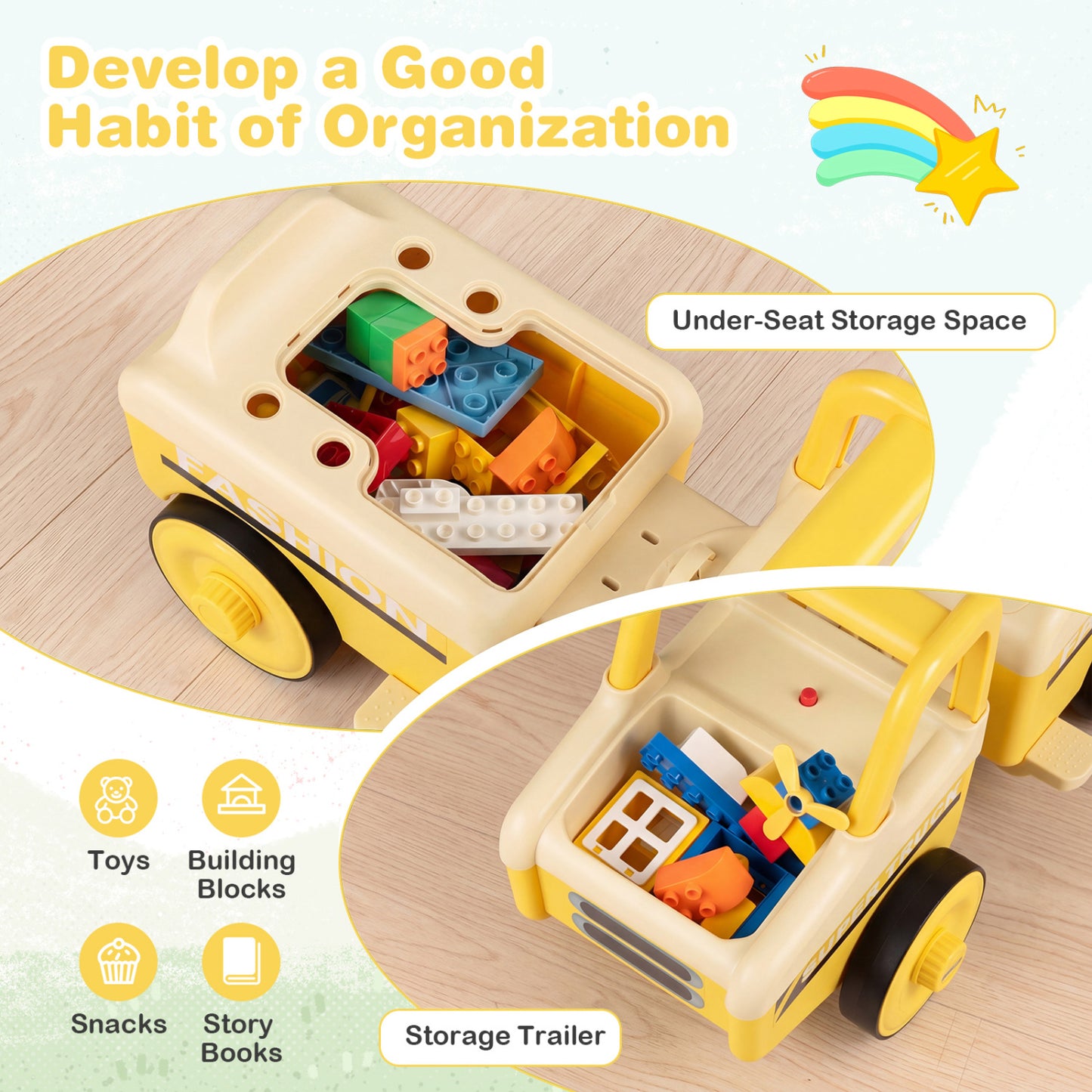 4 in 1 Ride on Push Car with Music and Under-Seat Storage for Boys Girls, Yellow Push & Pedal Ride On Toys at Gallery Canada