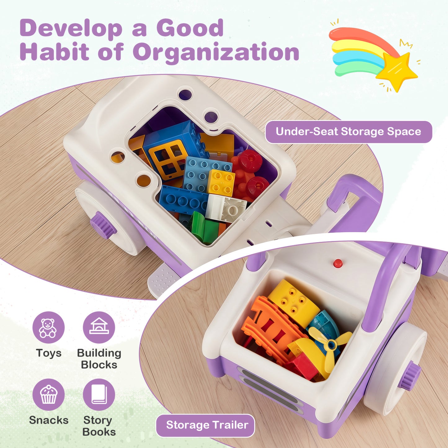 4 in 1 Ride on Push Car with Music and Under-Seat Storage for Boys Girls, Purple Push & Pedal Ride On Toys at Gallery Canada