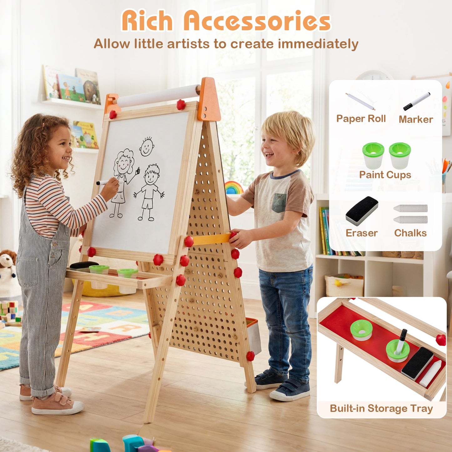 4-in-1 Wooden Kids Art Easel Double-Sided Foldable with Paper Roll and Storage Tray, Natural Art Easels at Gallery Canada