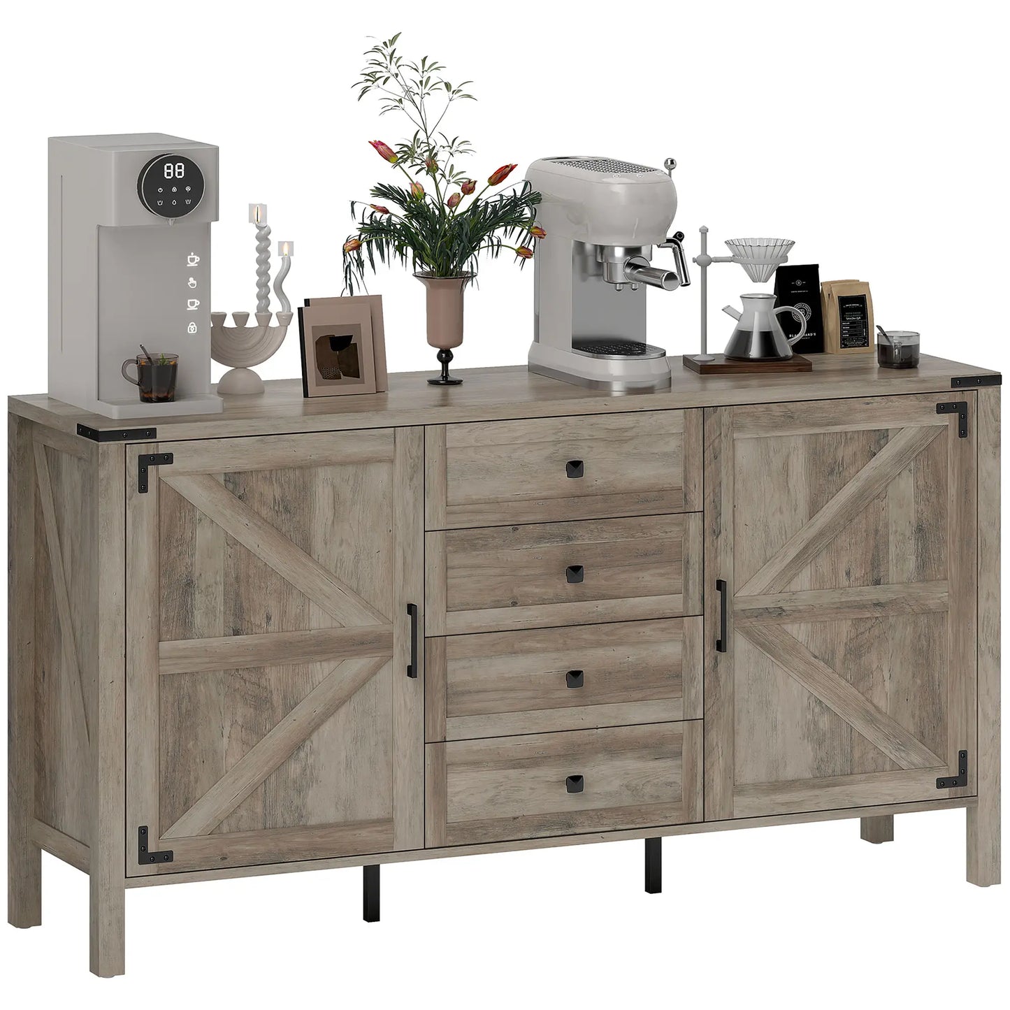 59" Buffet Cabinet, Farmhouse Sideboard, 2 Barn Doors, 4 Drawers, Grey Storage Cabinets at Gallery Canada