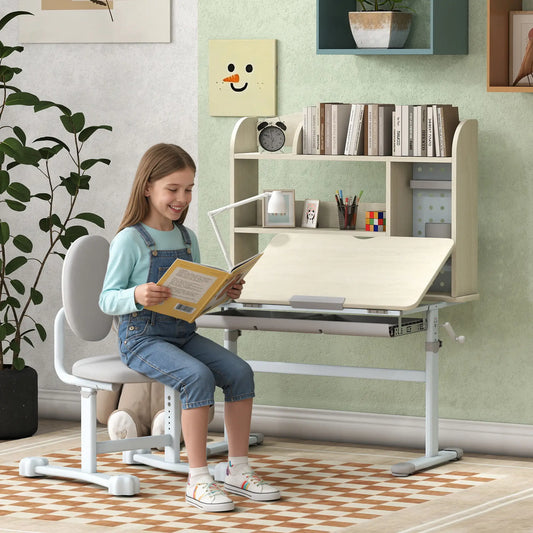 Kids Desk Chair Set, Adjustable Height, Tilting Desktop, Drawer Shelves, Grey Kids Desk Sets White, Grey, Wood Grain at Gallery Canada