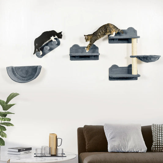 Cat Wall Shelves, 3PCs with Hammock, Scratching Post, Grey