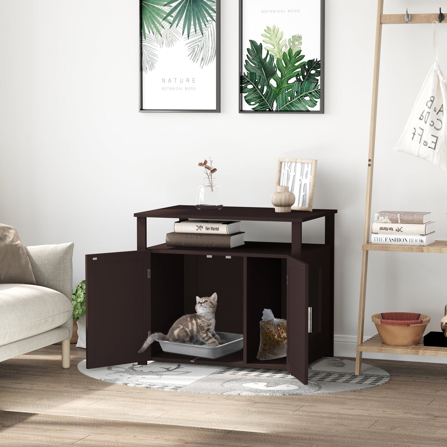 Litter Box for Cats Enclosure Cat Washroom Kitten House Furniture Nightstand End Table Hideaway Cabinet with Removable/ Adjustable Divider Magnetic Doors Brown at Gallery Canada