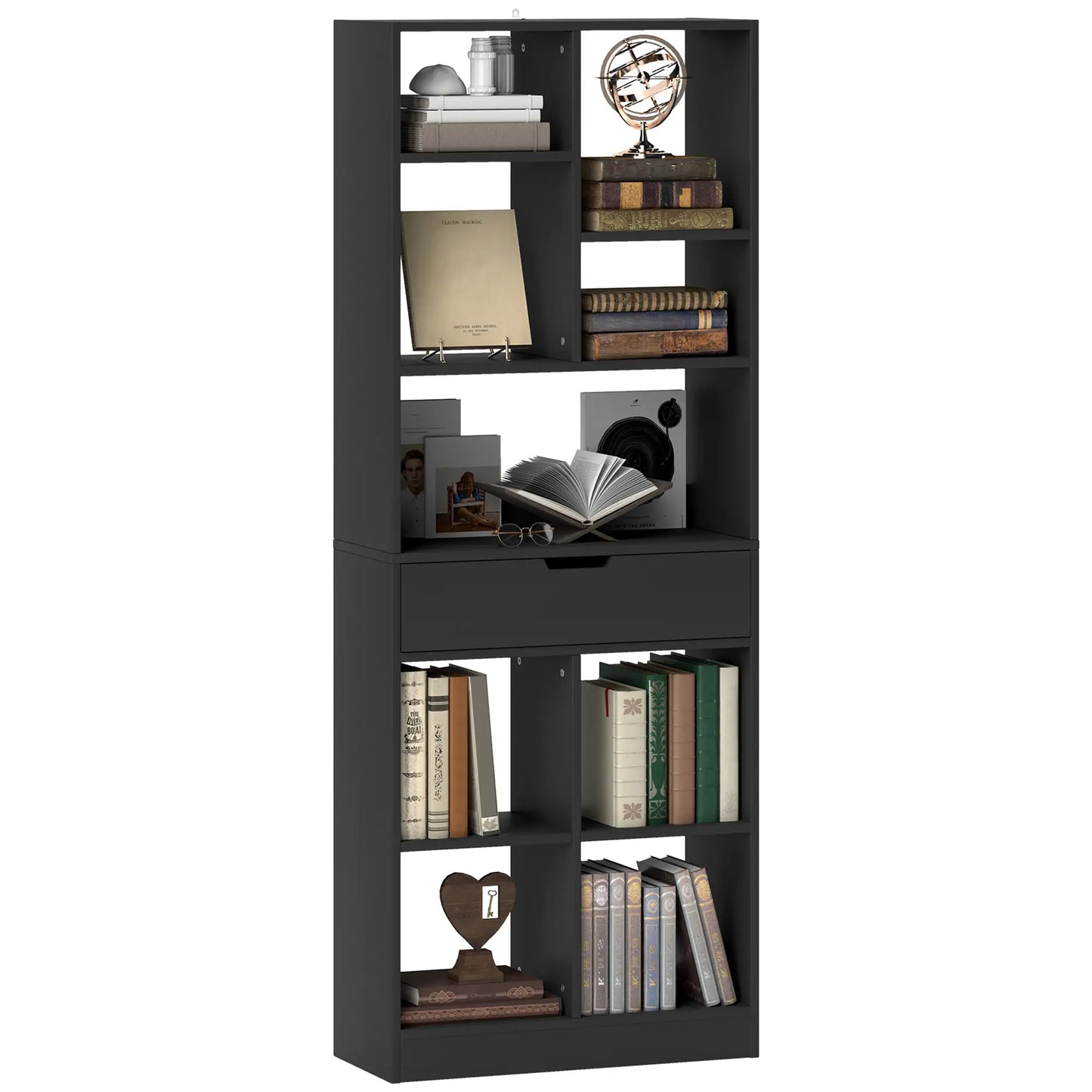 Tall Bookshelf with Drawer, Freestanding Bookcase, Black