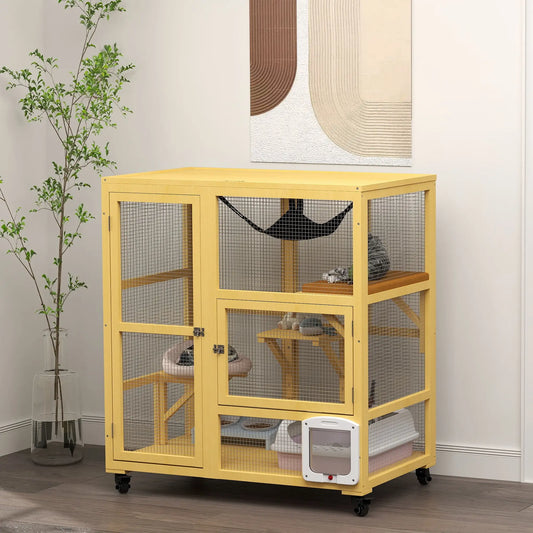 Wooden Cat Condo on Wheels, Cat Flap Door, Hammock, Openable Top, 2 Cats, Yellow