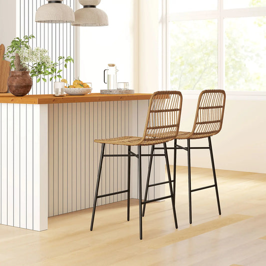 Rattan Counter Height Bar Stools Set Of 2, 26" Counter Stools With Back, Brown Bar Stools Brown, Black at Gallery Canada