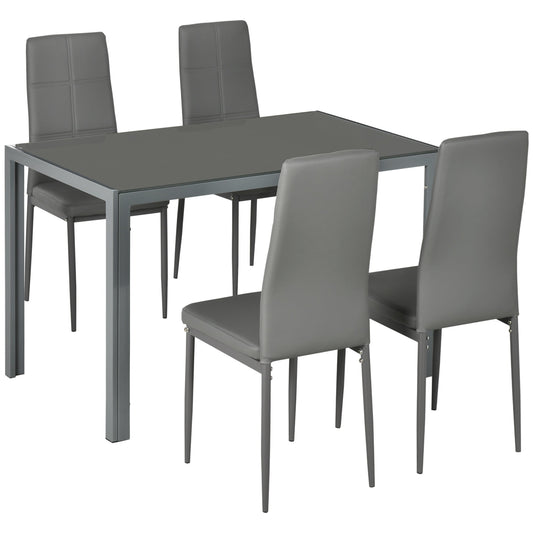 Dining Table Set for 4, 5-Piece Rectangular Glass Kitchen Table and Chairs with Metal Frame and Faux Leather Upholstery for Dining Room, Living Room, Grey - Gallery Canada