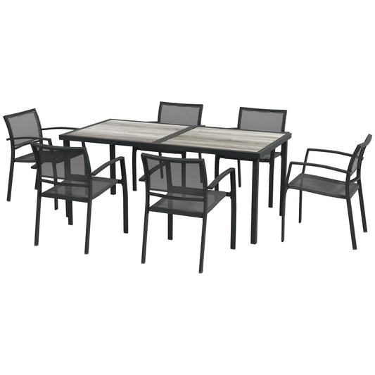 7 Pieces Outdoor Dining Set with 6 Stackable Chairs, Patio Table and Chairs with Plastic Top, Breathable Mesh Seat Back - Gallery Canada