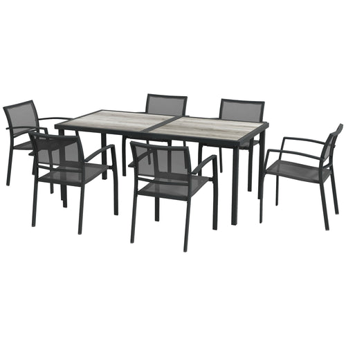 7 Pieces Outdoor Dining Set with 6 Stackable Chairs, Patio Table and Chairs with Plastic Top, Breathable Mesh Seat Back