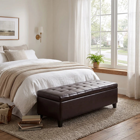 Storage Ottoman Bench, 51 Inches PU Leather, Solid Wood Legs, Brown Storage Ottomans & Benches Brown at Gallery Canada