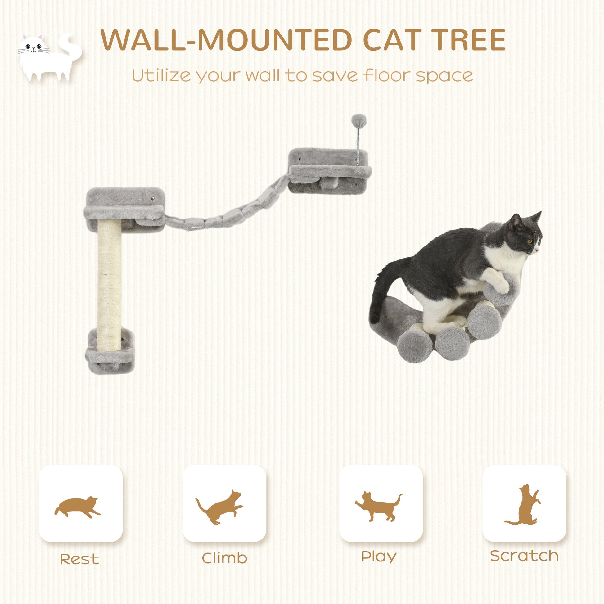 Cat Wall Shelf with Scratching Post, Cat Wall Shelves for Relaxing, Climbing, Double Platforms Cat Wall With Soft Ladder and Play Balls, Grey at Gallery Canada