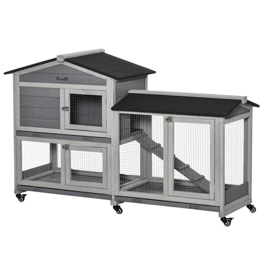 62" Wooden Rabbit Hutch with Wheels, Run Box, Tray, Ramp for Small Animals, Guinea Pig, Indoor Outdoor Use, Light Grey at Gallery Canada