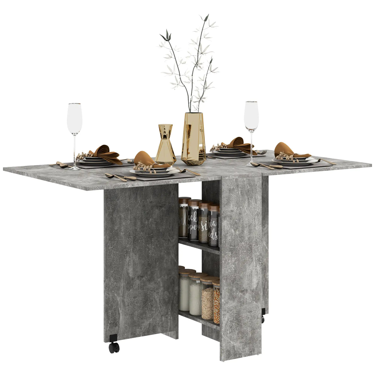 Extendable Dining Table, Collapsible w/ 2-Tier Shelves, Rolling Casters, Grey Bar Tables & Dining Tables at Gallery Canada