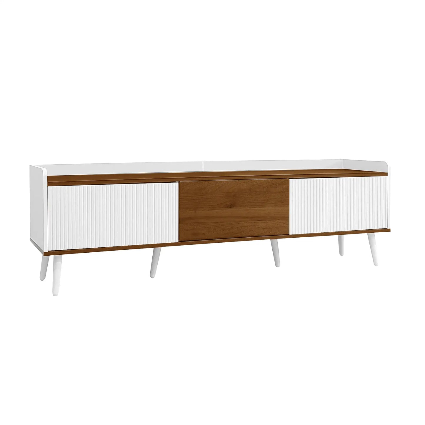 Three Door Stand, Sturdy Wooden Legs, 63" L x 15.5" W x 19.5" H, Natural, White TV Stands at Gallery Canada