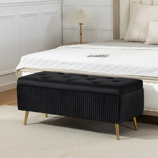43 Inch Storage Ottoman Bench, Steel Legs, Padded Seat, Black Storage Ottomans & Benches Black at Gallery Canada
