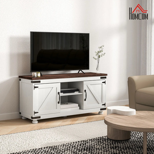 Farmhouse TV Stand for 50" TV, Barn Doors, Cable Management, Distressed White, White TV Stands Distressed White, Rustic Brown at Gallery Canada