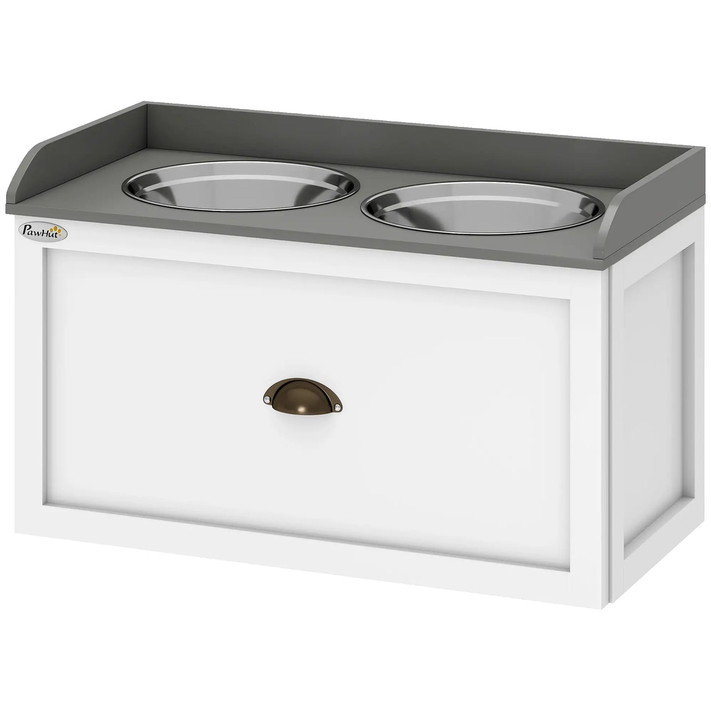 Station d'alimentation pour chiens surélevée, 2 bols en acier inoxydable, 23,6"x11,8"x14,2", blanc