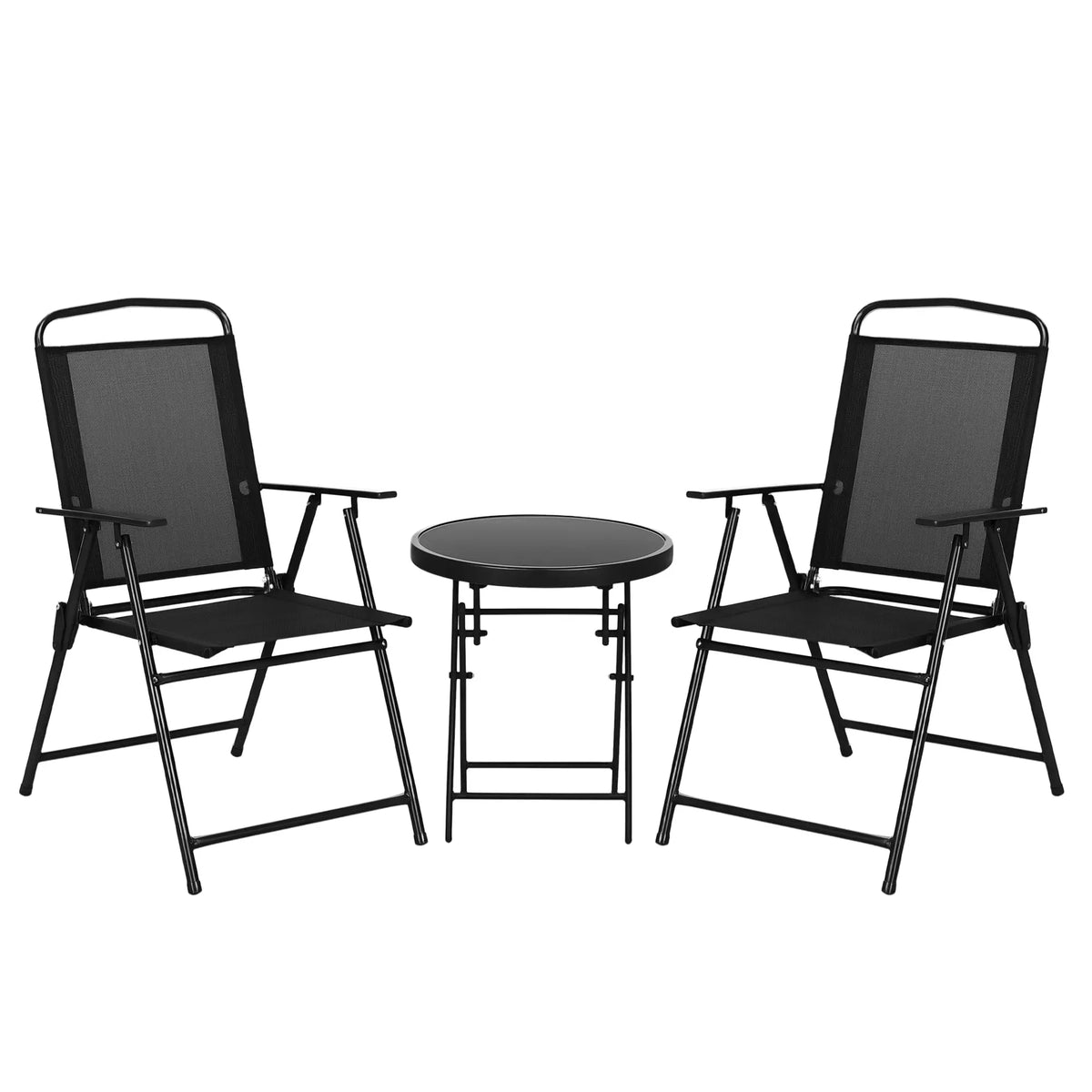 Ensemble Bistro 3 pièces, Mobilier de patio pliable, Chaises en maille, Table en verre, Noir