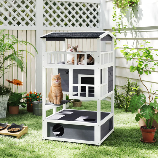 4-Floor Wood Outdoor Cat House, Condo, Fun Entrances, Perch, Grey